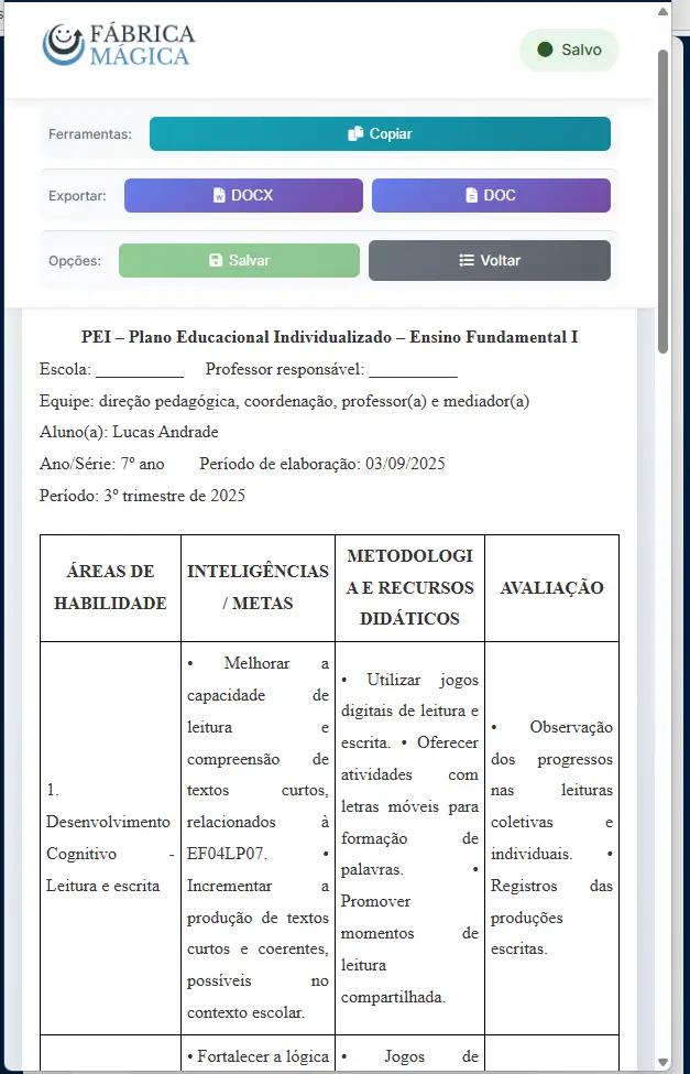 Exemplo de PEI para alunos com necessidades especiais