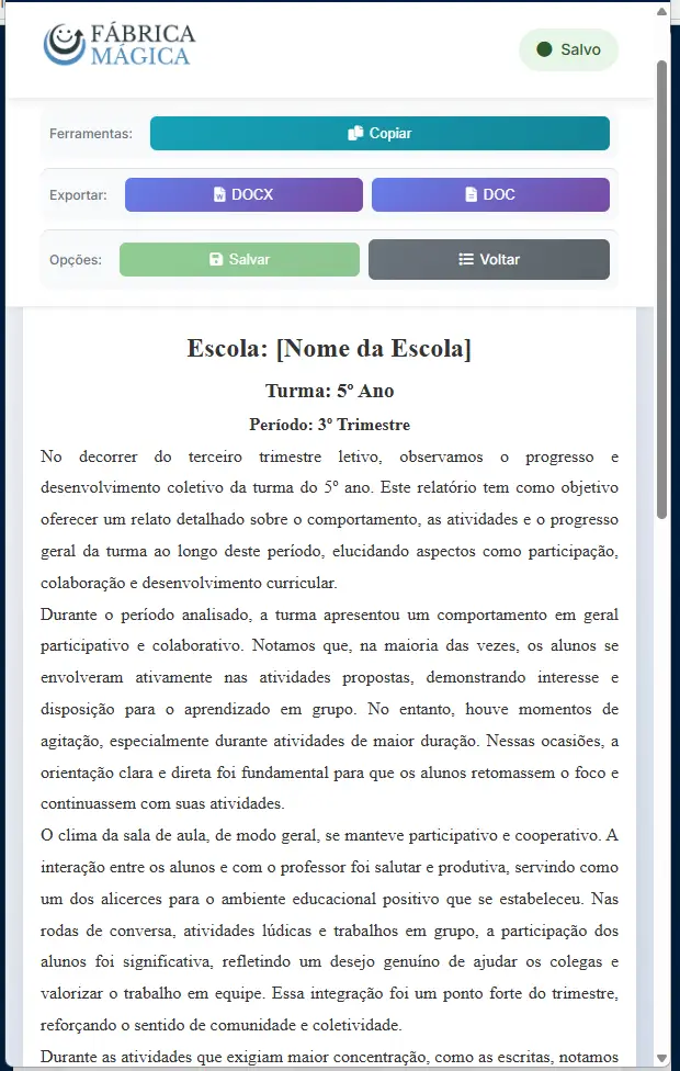 Exemplo de Relatório de Turma